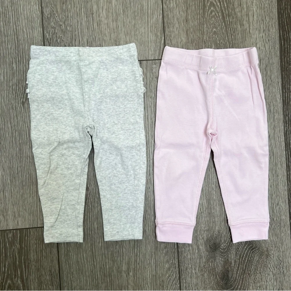 CARTERS 2PC ELASTIC WAISTBAND PULL ON PANTS SET PINK GREY 12MO